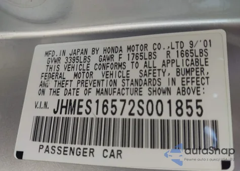 2002 Honda Civic Lx from USA, damaged, VIN JHMES16572S001855